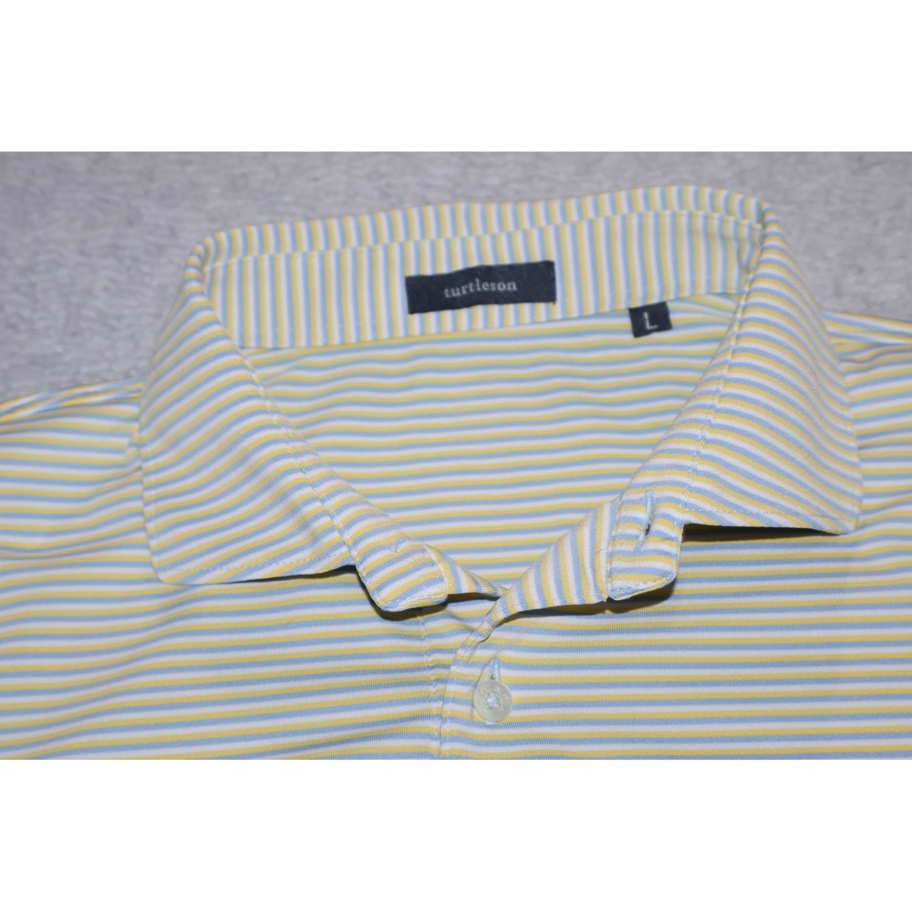 Turtleson Polo Shirt Mens Large Yellow Blue Striped Golf Sport Polyester Spandex